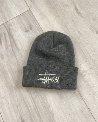 Stussy Vintage 90s Made in USA Embroidered Logo Beanie Hat Gray OS