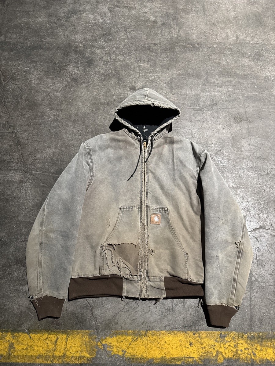 Vintage Carhartt Hooded Jacket Mens L Brown Faded Workwear Full