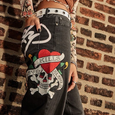 Ed Hardy Love Kills Slowly Embroidery Wide Leg Black Y2k Skull