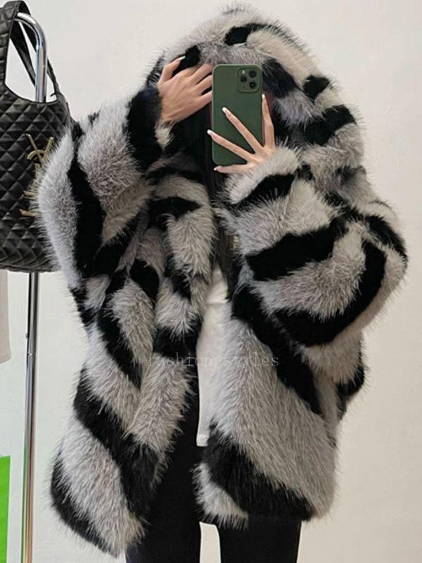 Womens Winter Chic Zebra Patterned Hooded Thicken Faux Fox Fur