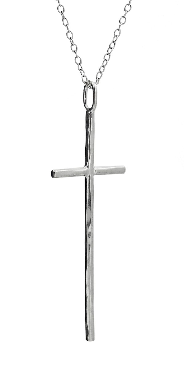 Long Hammered Cross Pendant Necklace - 925 Sterling Silver - Faith