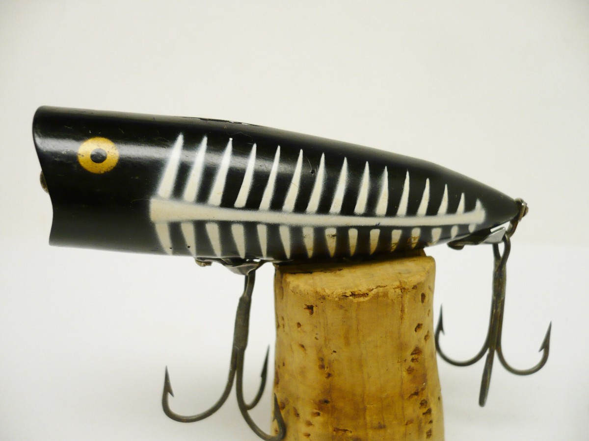 Vintage Fishing Lure Heddon Chugger Spook Black White Shore Gold