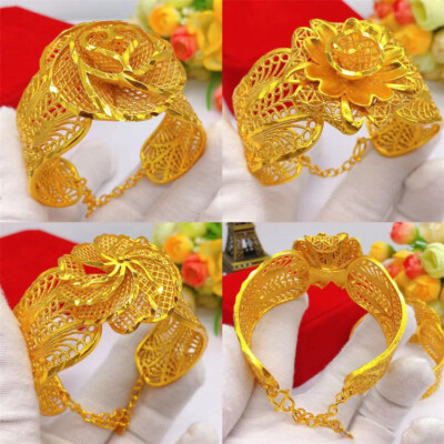 24K Yellow Gold Plated Wide 30mm Big Flower Open Up Women's Bangle