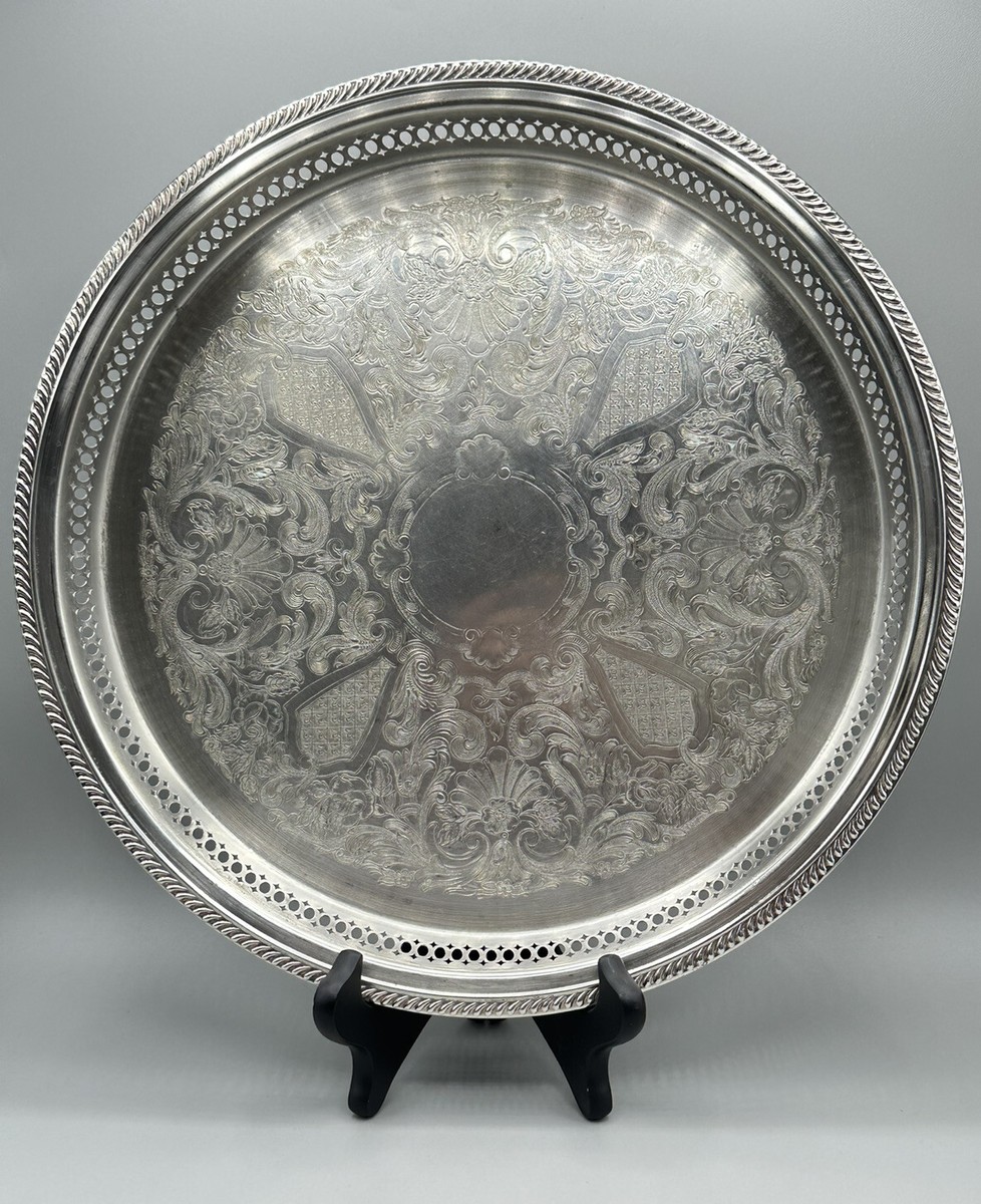 Leonard Silver Plate Round Serving Tray Carved Pierced Victorian