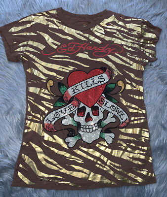Ed Hardy Y2K Brown Striped Love Kills Slowly Skull Rhinestone