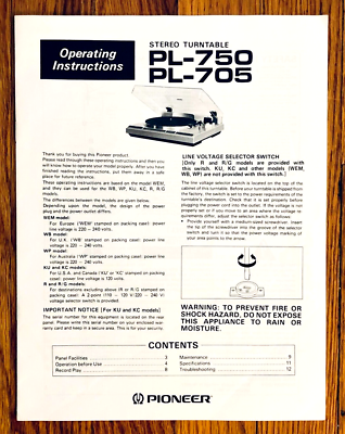 PIONEER PL-750 PL-705 TURNTABLES—OPERATING INSTRUCTIONS MANUAL—12