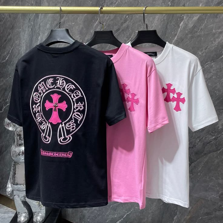 Pink Cross Horseshoe Cotton T-Shirt/CH Patch Loose T-Shirt Chrome