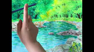 小学生でも水彩絵とクレパスで簡単！絵の具の透明感を活かして川遊びを