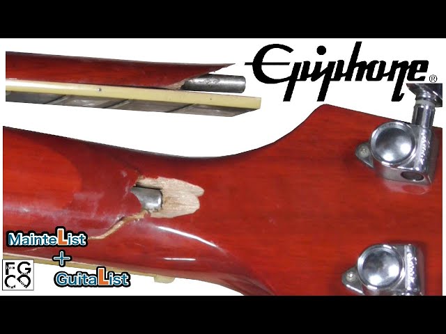 ネックが完全に折れたギターをボリュートで強度を上げ修復し綺麗にしま