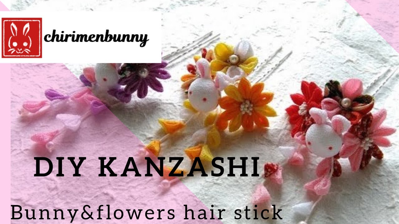D.I.Y: Tsumami Kanzashiつまみ細工 -bunny and flowers hair stick in