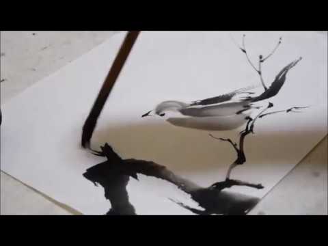 水墨画 梅に鶯 Indian ink painting plum & Nightingale - YouTube