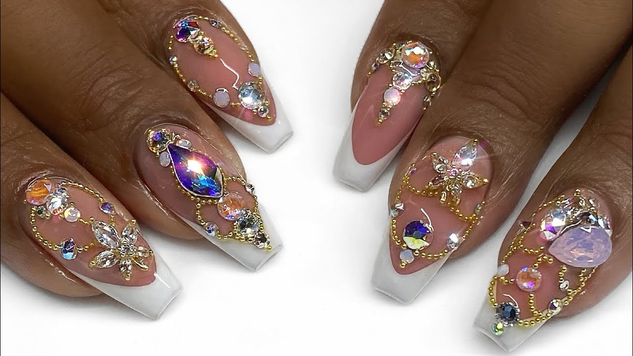 7 Hour Nails!😱 Swarovski Bling Design on Gel French Nails - YouTube
