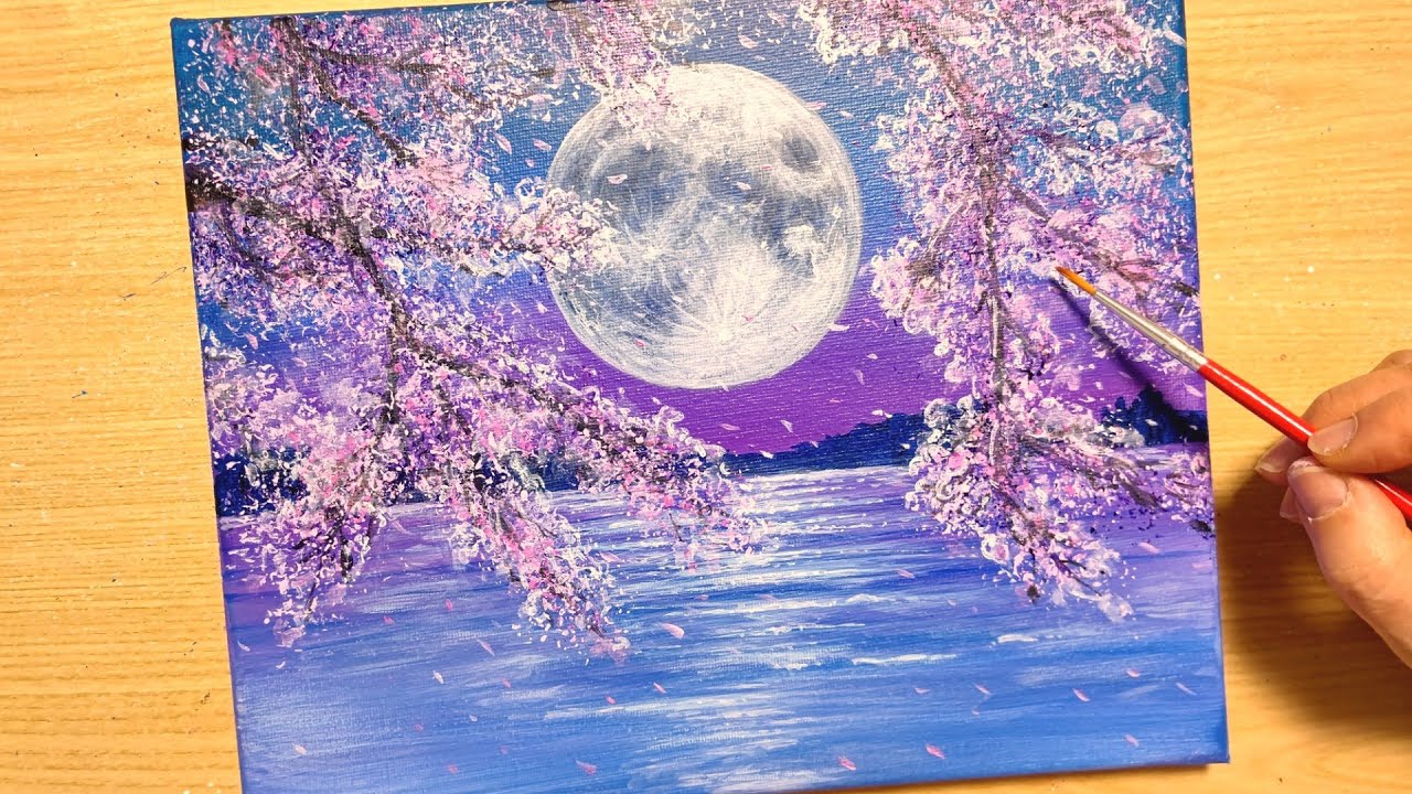 How to draw a full moon landscape with acrylic paint / for