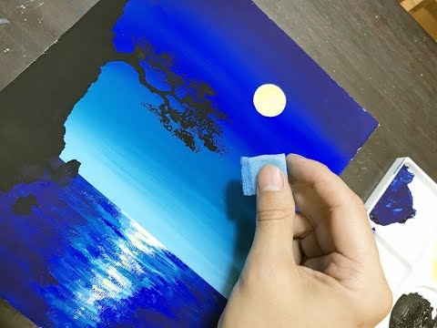 見て楽しむシルエット風景】Acrylic paint silhouette landscape月と海