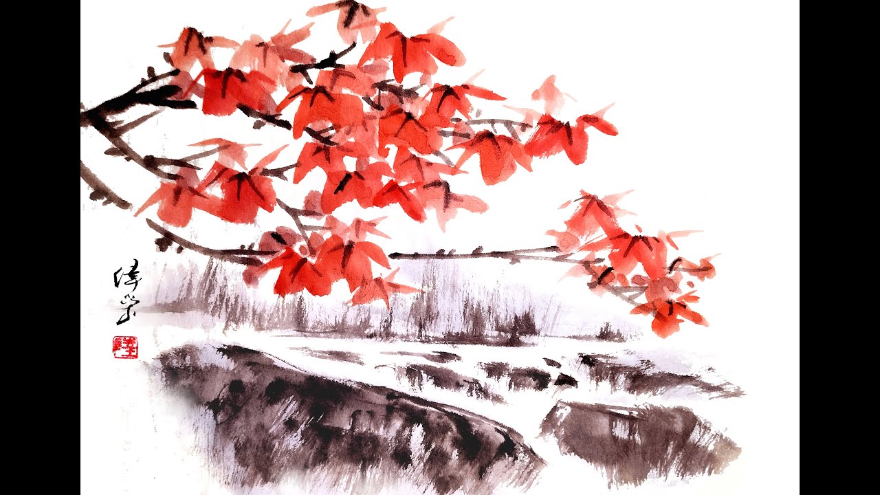 001紅葉渓流【水墨画】 - YouTube