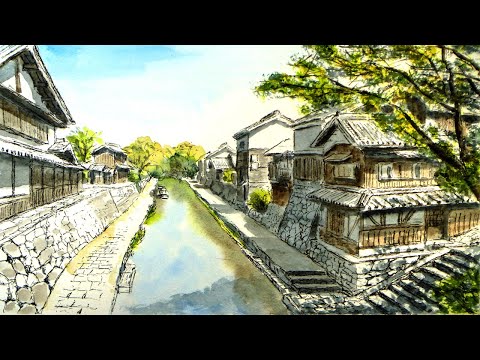 夏の日本 ／ 滋賀県・近江八幡 【透明水彩風景画】 Summer landscape