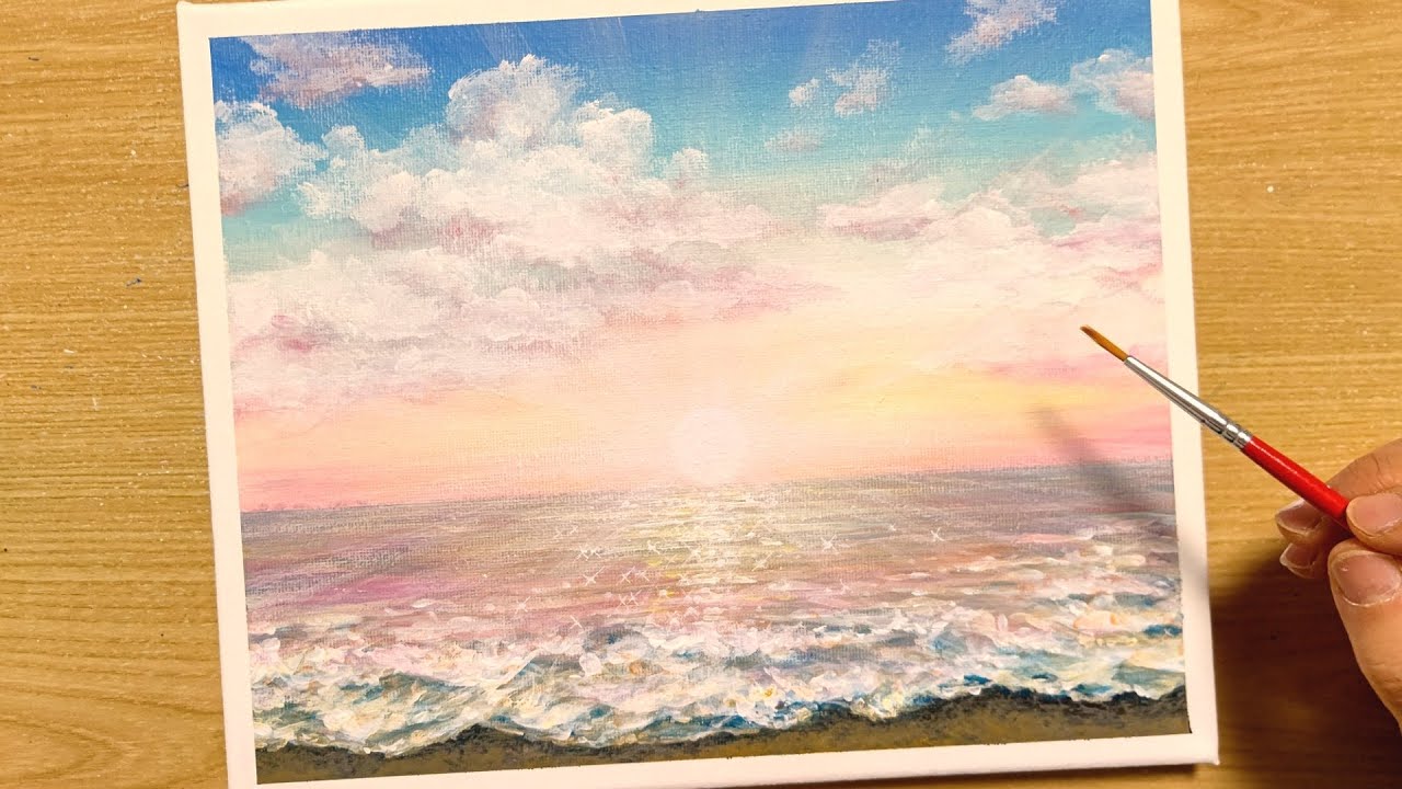 How to draw the sea of the morning sun with acrylic paint / for