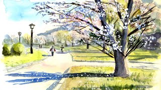 W. Togashi 水彩画 風景画 桜 絵画 W. Togashi 水彩画 風景画 桜 絵画