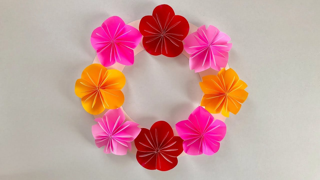折り紙】春の花のリース 桜・桃・梅 Spring flower wreath cherry