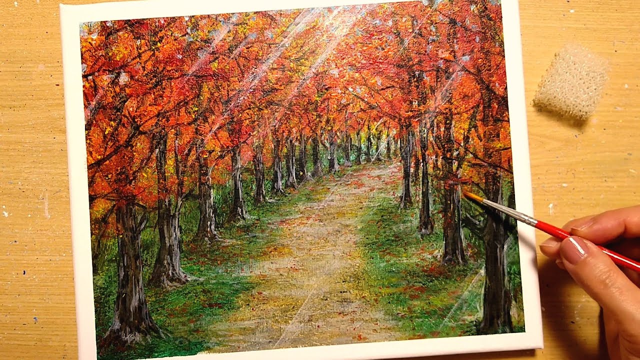 How to draw [Autumn walking path] with acrylic paint /Sunbeams