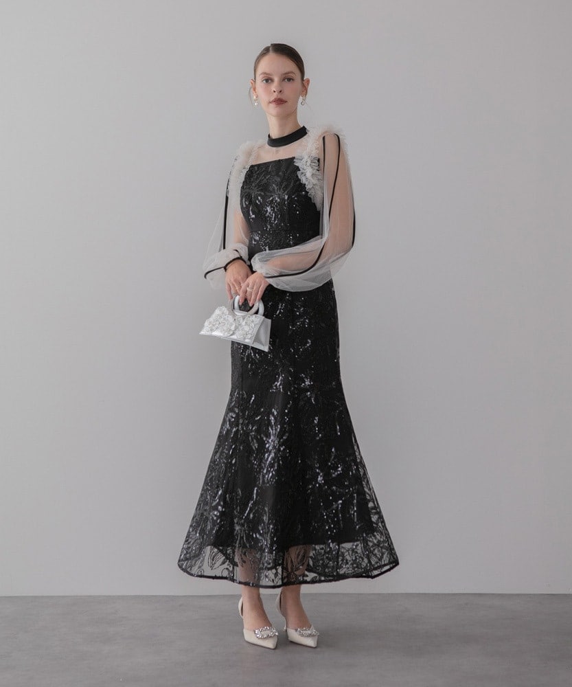 フラワースパンコールチュールフリルロングスリーブマーメイド