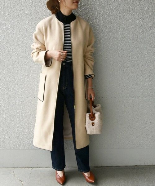 セール】 SHIPS any: ノーカラー パイピング ロングコート（クリーム