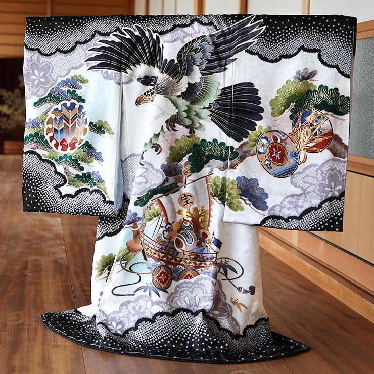 楽天市場】[ 正絹 ] お宮参り 男の子 初着 産着 鷹に宝船 白×黒 一つ身