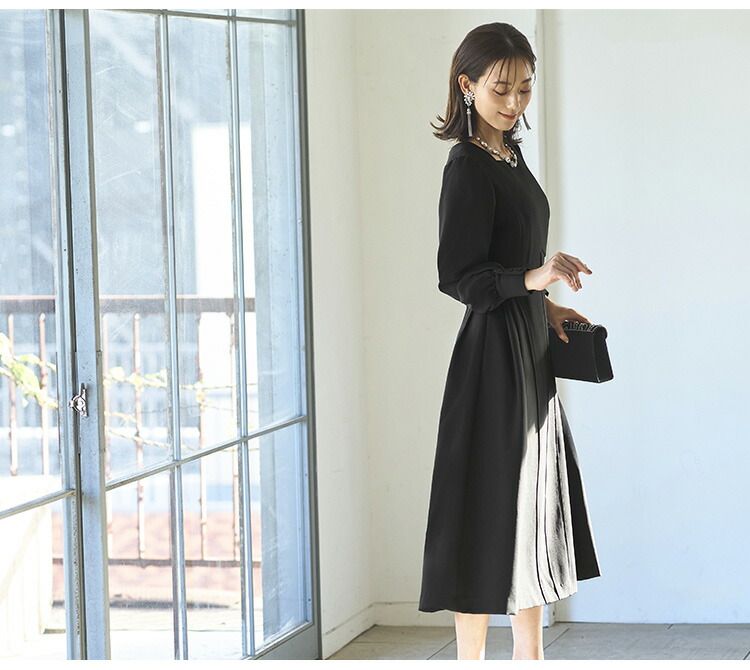 タック＆フレアスクエアネックワンピースドレス「U1202」