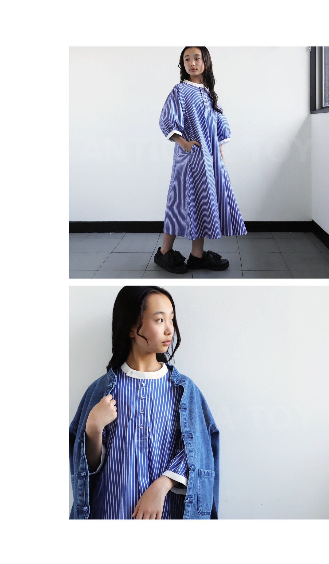 ワンピース ロング 七分袖 キッズ 子供服 ジュニア ストライプ柄・(80