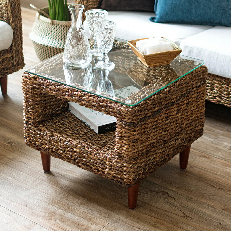 楽天市場】サイドテーブル アバカ素材 強化ガラス天板 幅50cm 正方形