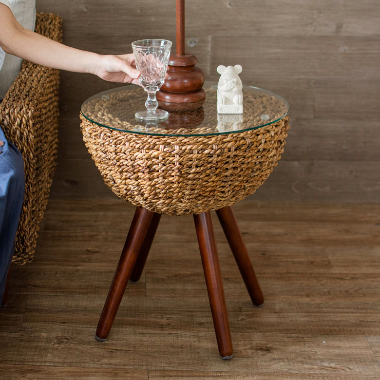 楽天市場】サイドテーブル アバカ素材 強化ガラス天板 丸型 径45cm 脚