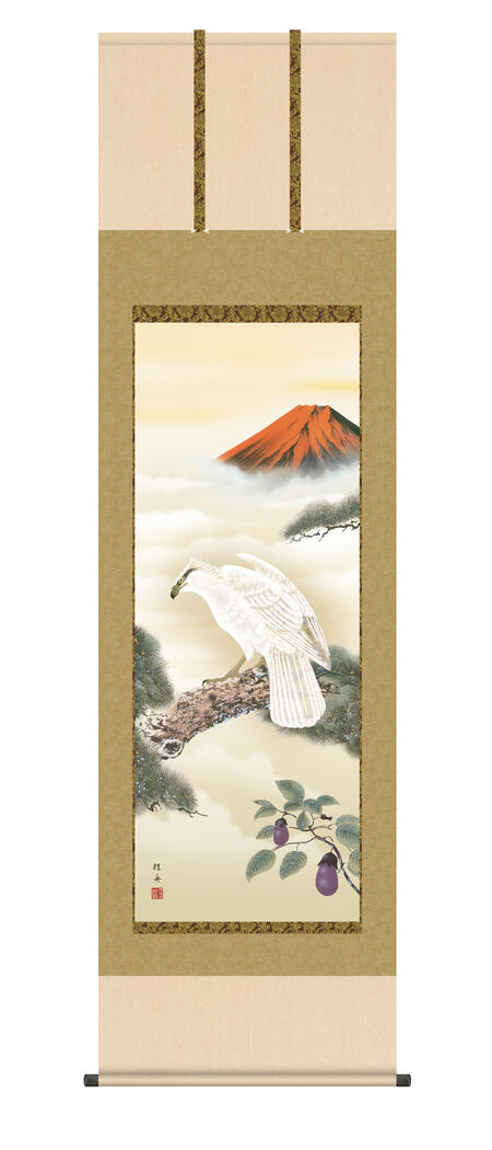 美品 掛け軸 扇敏文作 富士朝陽図 共箱 太巻き付 縁起物 日の出 正月