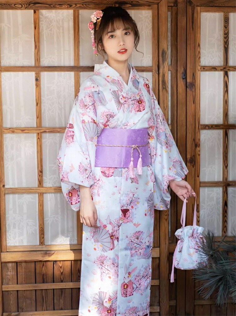 楽天市場】水色 ウサギ 浴衣 単品OR3点セット 着物 ブルー ピンク 桜