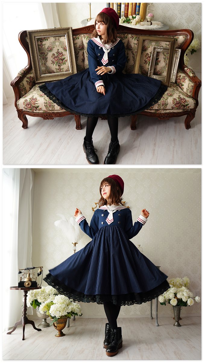 ワンピース ミディアム丈 セーラー襟 ストライプ 秋冬＊Favorite