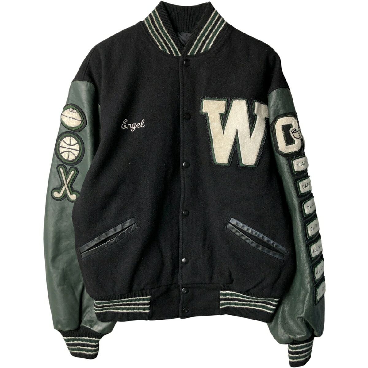 古着 90年代 Meca 中綿入り カレッジ 袖革ウールボタンスタジャン バー