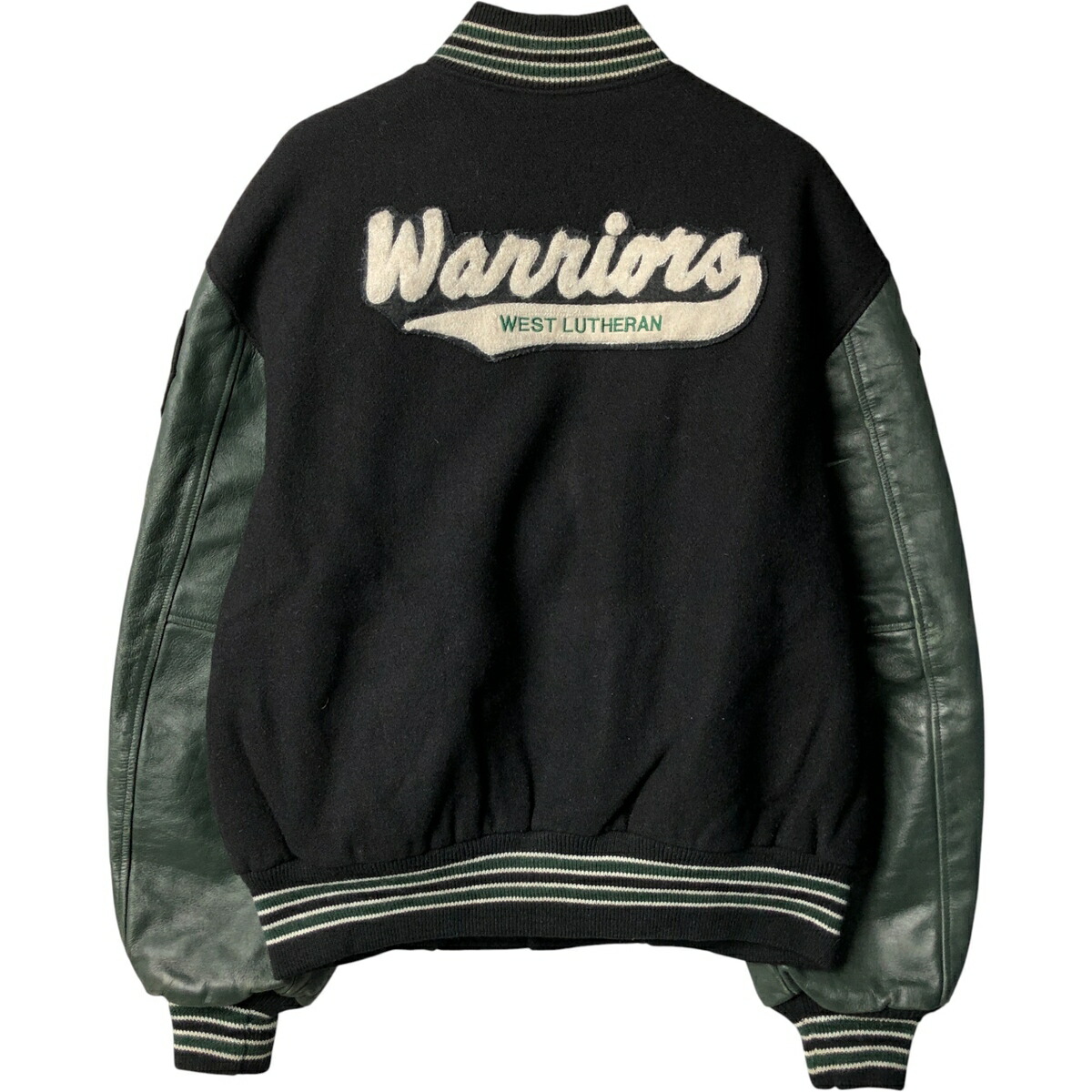 古着 90年代 Meca 中綿入り カレッジ 袖革ウールボタンスタジャン バー