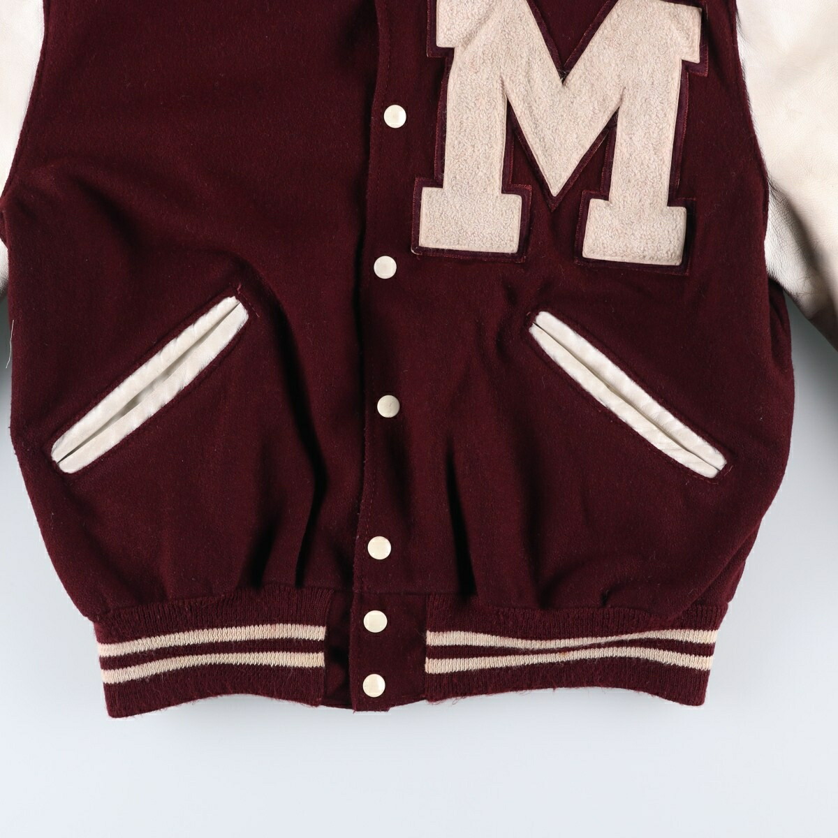 古着 70～80年代 DeLONG 中綿入り 袖革ウールボタンスタジャン バー