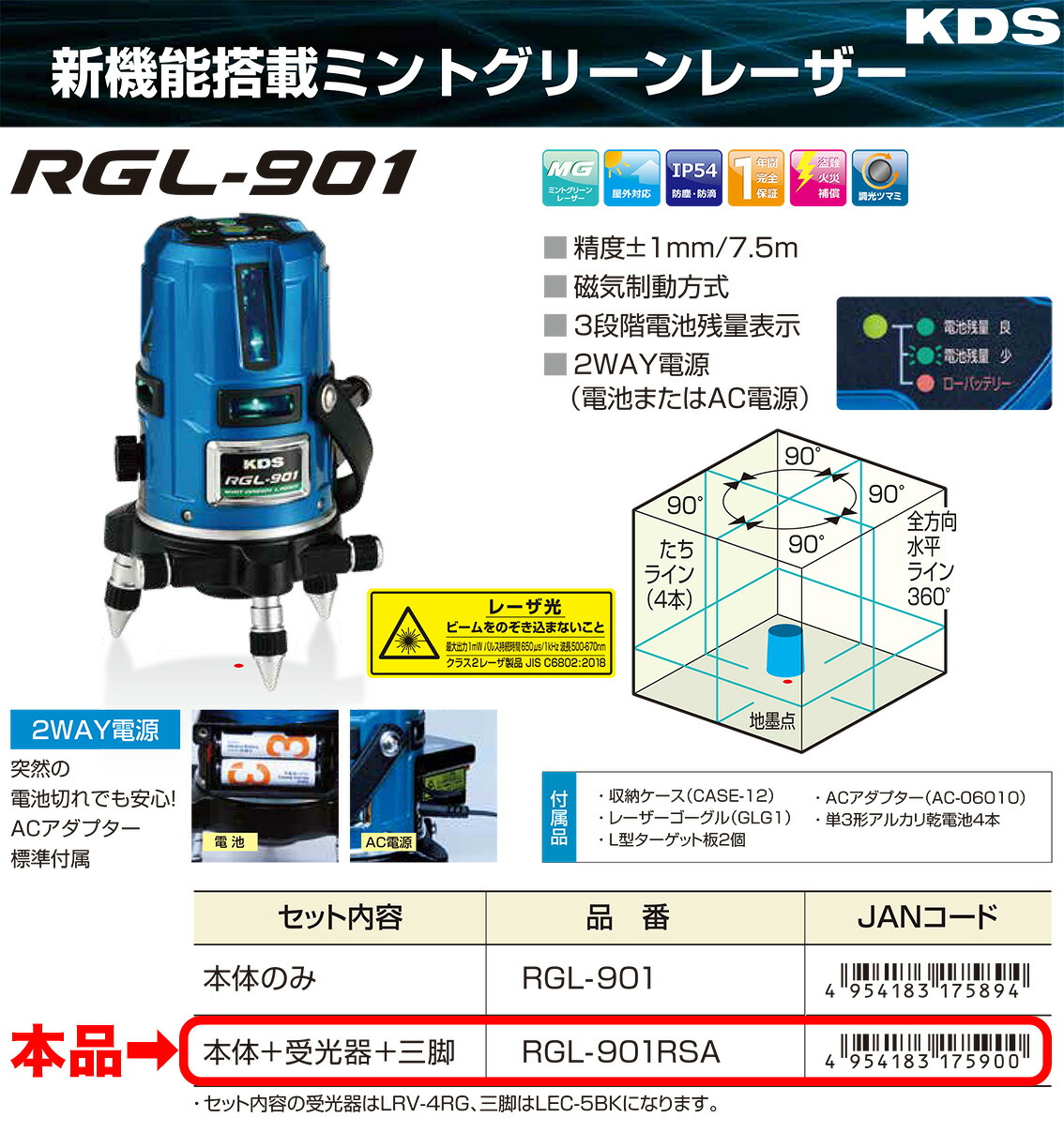 本体のみ】〈KDS〉 ミントグリーンレーザー墨出器 本体+受光器+三脚