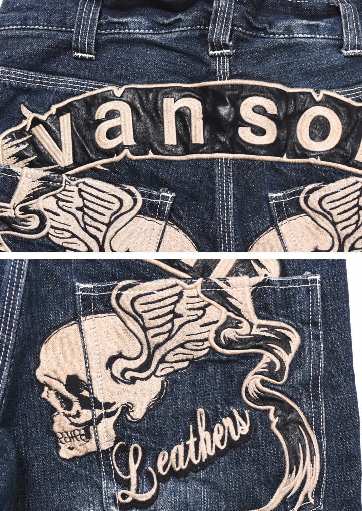 楽天市場】バンソン VANSON ジーンズ スカルウィング 刺繍＆PUレザー