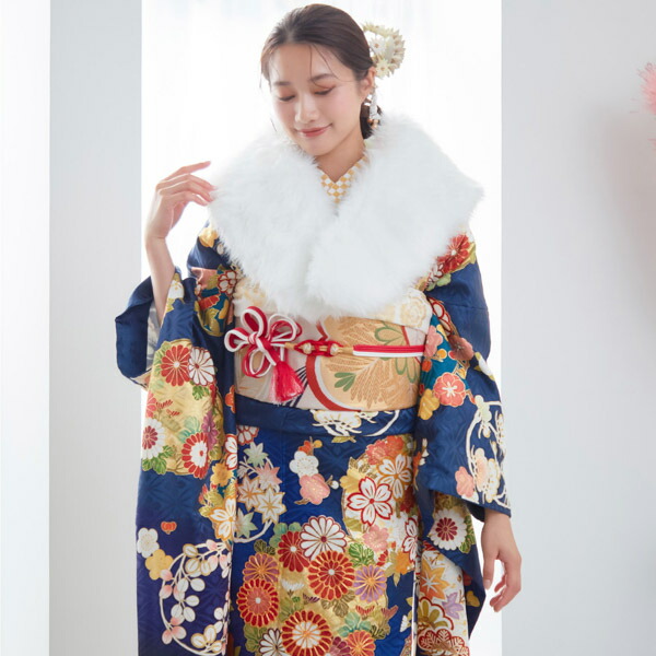 卒業式応援Point10倍 2/19迄)未仕立て 振袖 22点セット「紺 吉澤の本格