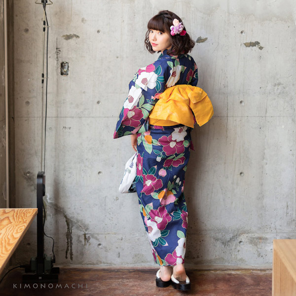 浴衣 レディース 単品「椿 紺」3L/4L 大きいサイズ KIMONOMACHI 京都
