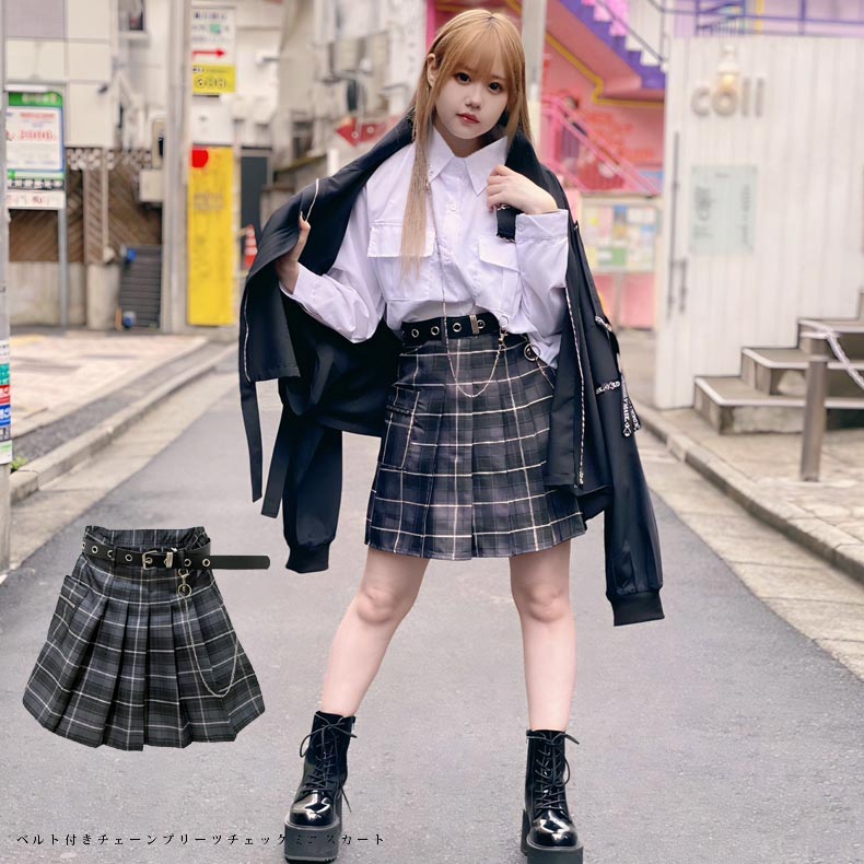 killremote プリーツチェックミニスカート　キルリモート ベルト付きチェーンプリーツチェックミニスカート<br>原宿 KINGLYMASK