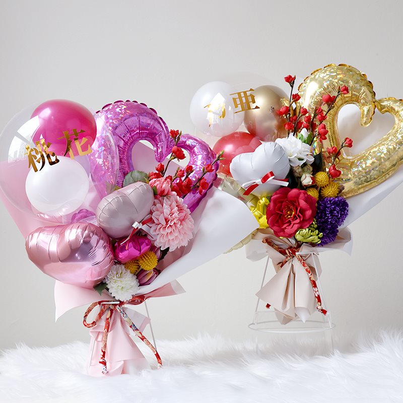 卒業式 ブーケ 花束 バルーン 名入れ ピンク/パープル / ゴールド 袴に