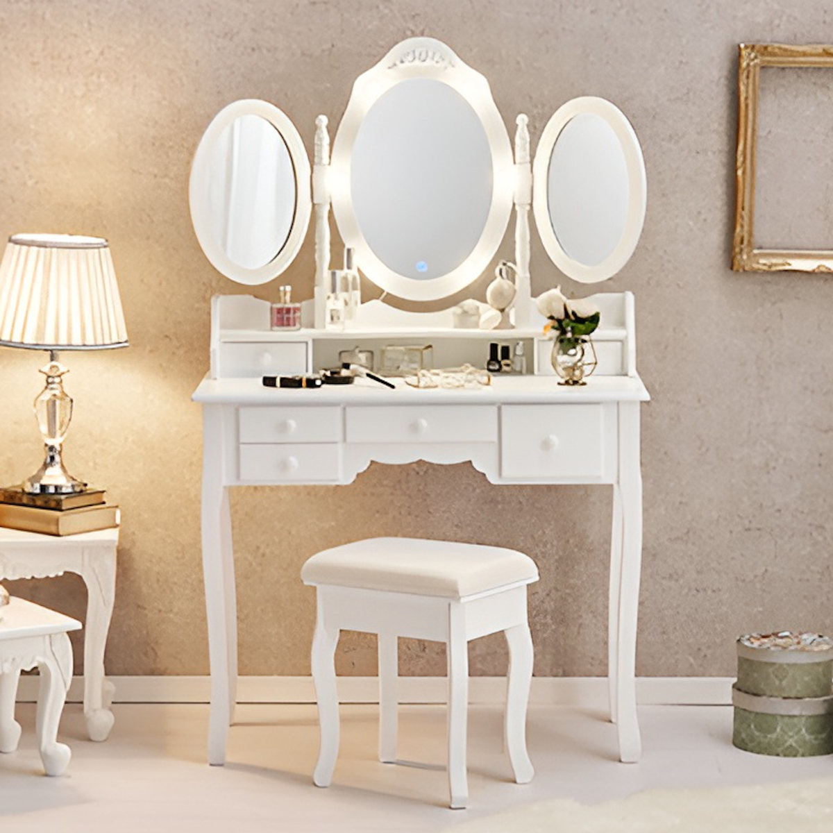 楽天市場】ドレッサー スツール付き 幅90cm ライト （ 調光 LEDライト