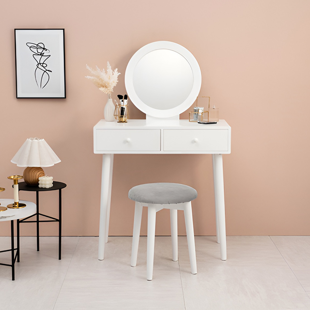 楽天市場】ドレッサー 幅75cm 丸ミラー ライト スツール付き （ 鏡台