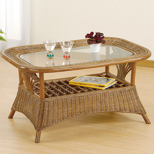 楽天市場】ラタンテーブル 円形 ガラス天板 棚付 籐家具 直径60cm