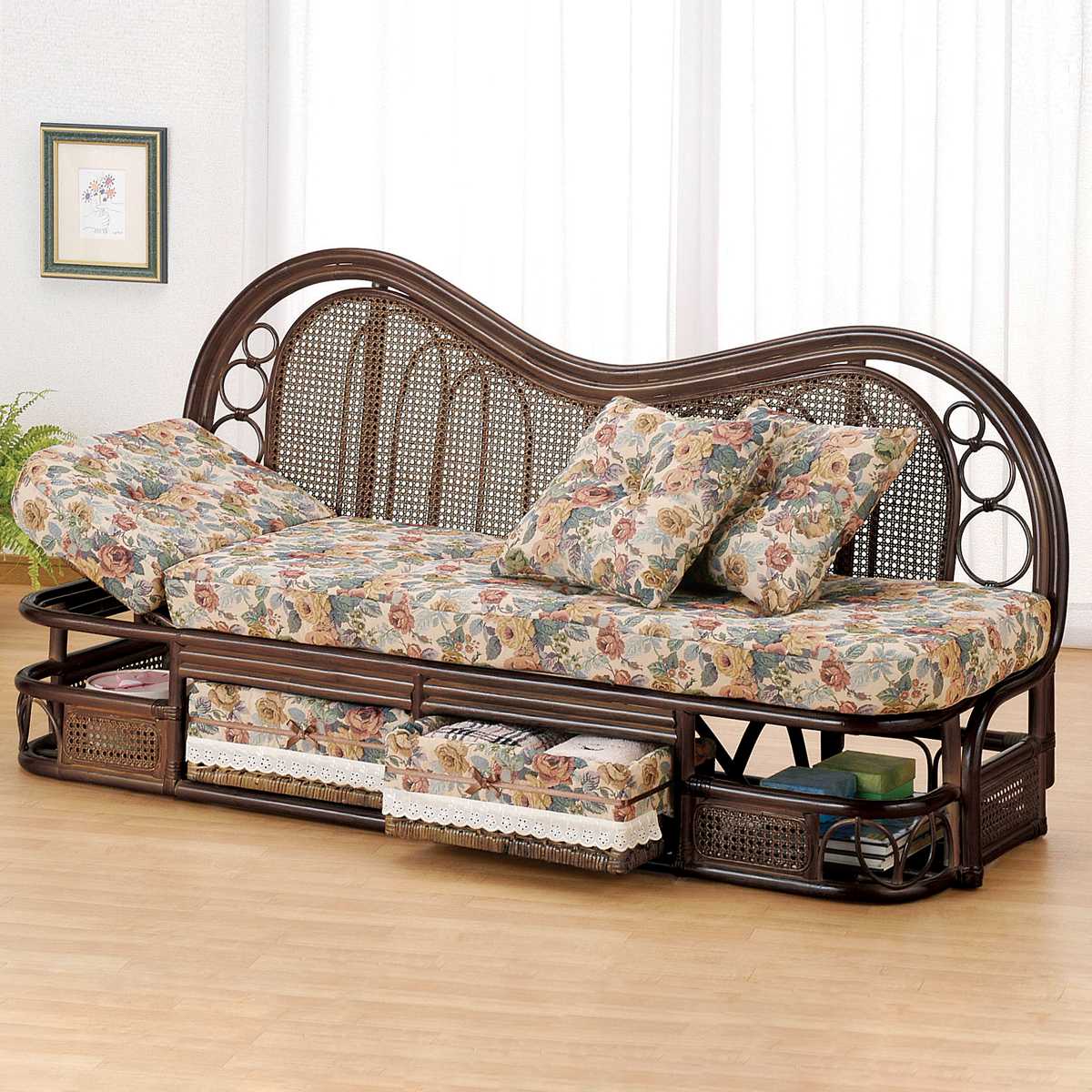 アンティーク調 木製フレーム カウチソファ 花柄 3〜4人掛け