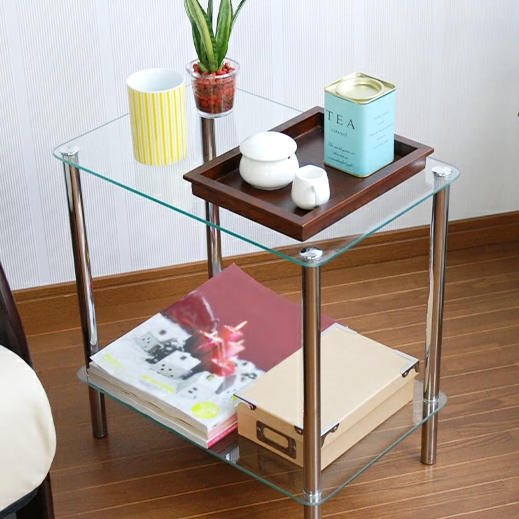 アサギ】二段ロングコーヒーテーブル 強化ガラス天板+型くずれガラス