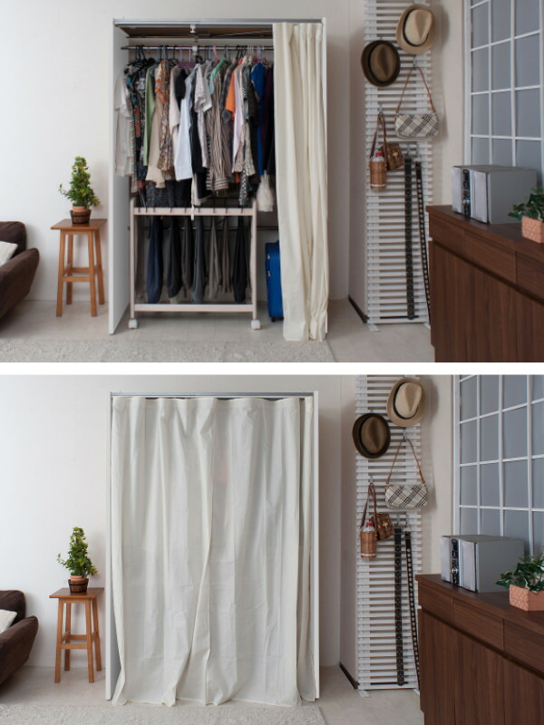 楽天市場】伸縮クローゼット 最大幅125cm ハンガーラック カーテン付き