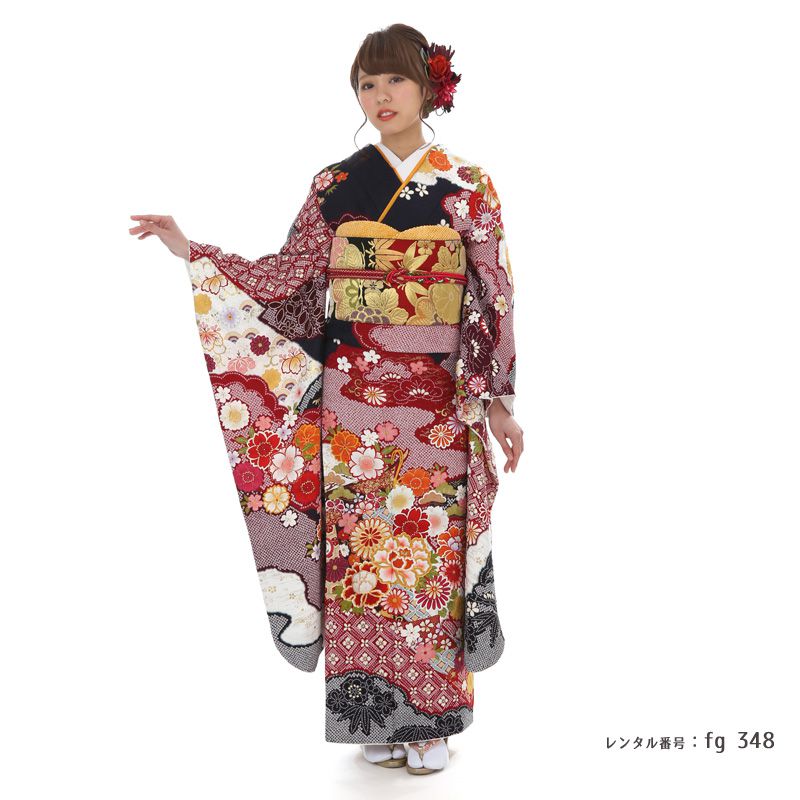 楽天市場】振袖 レンタル 〔fg_348 / MI-118 相良刺繍牡丹 絞り 紺